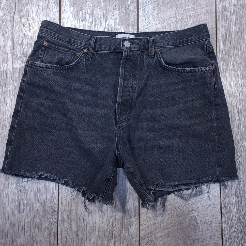 AGOLDE 90'S Short Women 31 Black Frayed Raw Hem High Rise Denim Button Fly